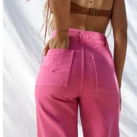 Zara The Marine Straight High Rise Wide Leg Raw Hem Jeans Barbie Pink Size 4 - Picture 2 of 9